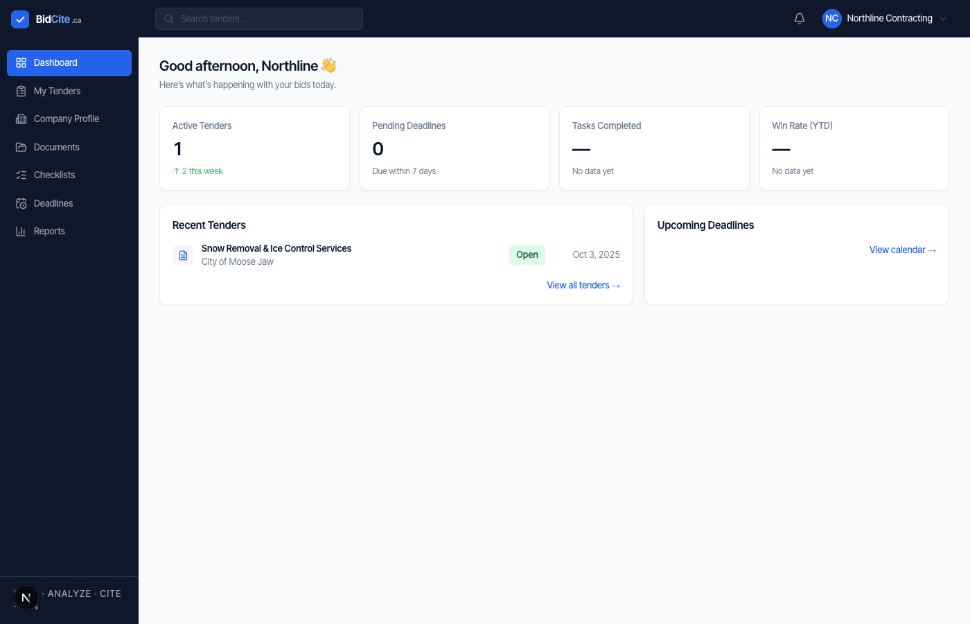 The real BidCite dashboard, showing a sample org's tenders