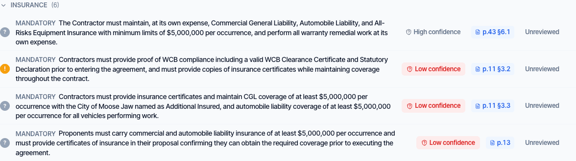 Real extracted requirements, each with a confidence level and a page citation